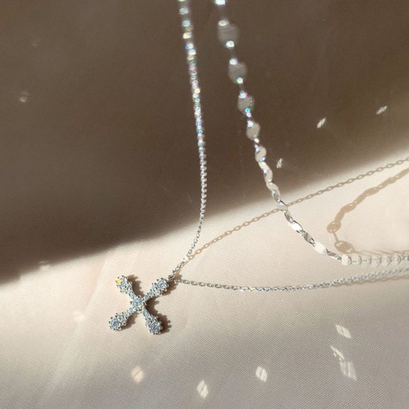 #NEW 925 Sterling Silver Diamond Cross Double Layer Necklace - Picture 6 of 9